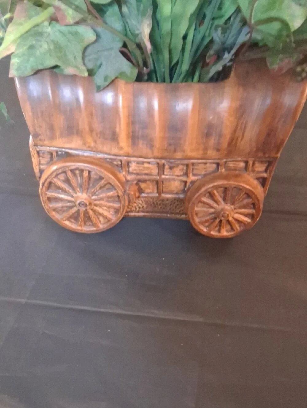 Faux Green Fern & Greenery in Ceramic Rustic Wagon Planter